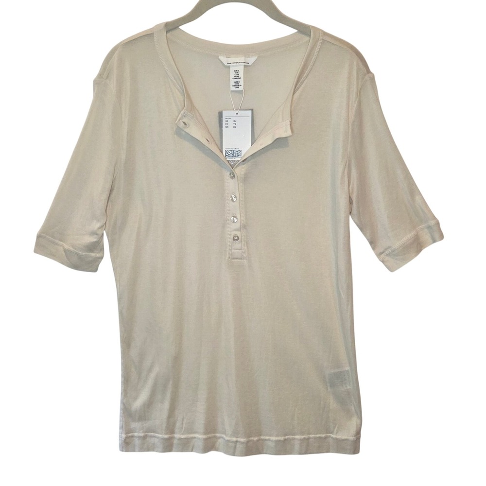 HM Premium Selection Pima Cotton Henley Shirt Cream XL Short Sleeve New